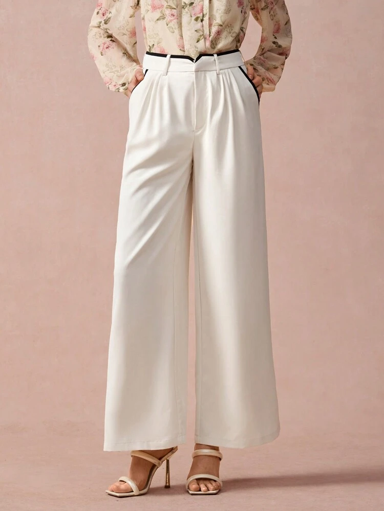 New Autumn Winter Products,Women's Casual Versatile Simple Contrast Trim Slant Pocket Wide Leg Pants,Fall Winter  Women's Clothing