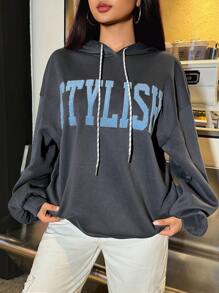 Seusyu Women Letter Print Drop Shoulder Long Sleeve Drawstring Hooded Casual Sweatshirt, Autumn - Grey - View 6