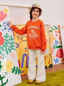2pcs Tween Girl Round Neck Long Sleeve Letter Print Simple Top And Pants Set - Multicolor - View 7