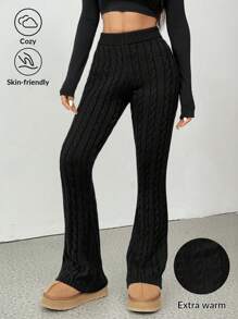 SHEIN EZwear 纯色简约低腰提花喇叭裤，休闲日常穿搭 - 黑色 - 查看 1