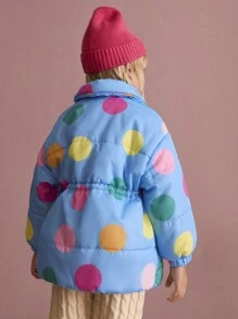 SHEIN Young Girls Colorful Polka Dot Blue Collar Pocket Cinched Waist Casual Jacket, Autumn And Winter - Blue - View 2