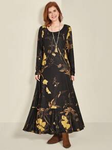 EMERY ROSE Plus Size Women's Digital Print Round Neck Long Sleeve Knitted Dress, Autumn/Winter Maxi Women Outfit