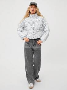 SHEIN EZwear 女士休闲日常保暖拉链全印花风衣夹克，适合冬季 - 淺灰色 - 查看 5