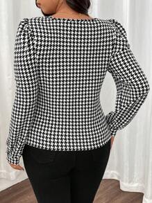 Celure Women Plus Size Houndstooth Print Lantern Sleeve Fitted Short T-Shirt - Multicolor - View 2