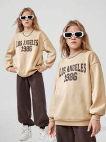 SHEIN 2 件套，字母数字印花运动衫和裤子，适合青少年女孩，休闲字母印花保暖内衬连帽运动衫和运动裤套装，加厚 - 彩色 - 查看 1