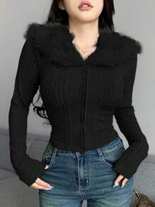 DAZY 女式纹理条纹拉绒拼接性感修身开衫上衣，长袖 T 恤，秋冬 - 黑色 - 查看 4