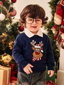SHEIN Baby Boy Cartoon Print Casual Long Sleeve Sweater, Autumn/Winter, For Christmas - Royal Blue - View 2