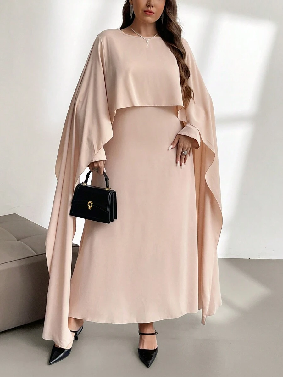 SHEIN Privé Plus Size Elegant & Vintage Taffeta Cape Poncho Jacket & Long Sleeve Straight Hem Dress Set, Autumn/Winter - Apricot - View 1
