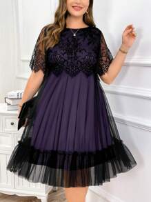 SHEIN Clasi Abito estivo elegante in taglia grande con pizzo nero e inserto in rete a contrasto