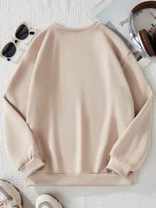 SHEIN Tween Girl Minimalist Letter Print Crew Neck Sweatshirt, Suitable For Outdoor In Autumn - Khaki - View 2