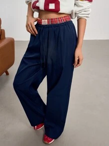 EastFlair 女士休闲格子拼接抽绳腰直筒裤 - 彩色 - 查看 6