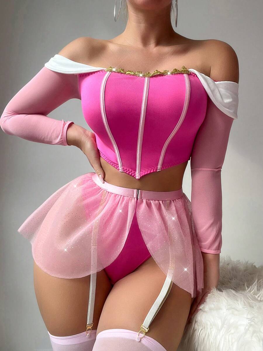 Bộ trang phục công chúa 5 món/bộ bao gồm áo ống dài tay màu tương phản, thắt lưng, đai garter và tất, bộ đồ lót gợi cảm - Hồng - Xem 1