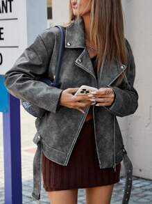 Aveloria Affinna New Autumn/Winter Loose Waist-Tie Retro Niche Motorcycle PU Leather Jacket, Flattering