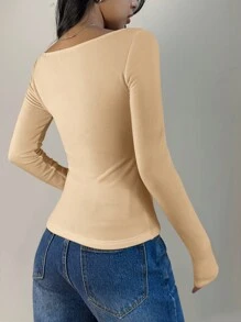 SHEIN BASICS 女士休闲纯色针织圆领长袖修身 T 恤，升级保暖面料，保暖内衬，不臃肿，修身弹力内衣 T 恤，适合秋冬季 - 杏色 - 查看 2