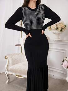 Modelyn Women Casual Elegant Plaid Patchwork Fish Tail Hem Sweater Dress, Suitable For Autumn And Winter
