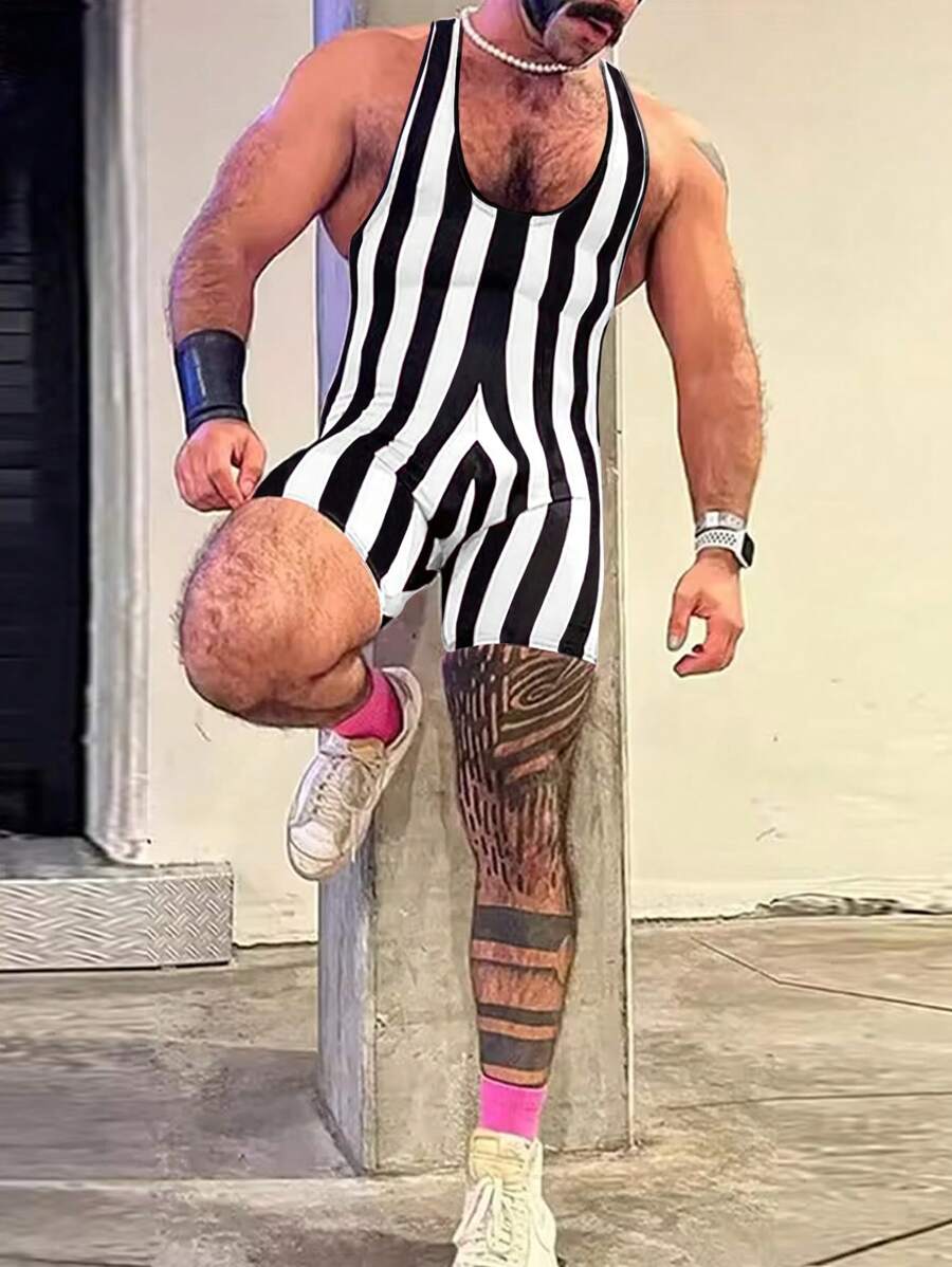 Manfinity Dauomo Men's Fashionable Striped Elastic Jumpsuit For Summer ...