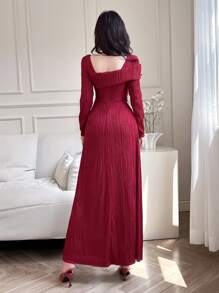 Feyla Damen Herbst elegantes Kleid mit quadratischem Kragen, tailliiert, in strukturiertem Burgunderrot, mit langen Ärmeln, langes Abendkleid - Rot - Übersicht 3