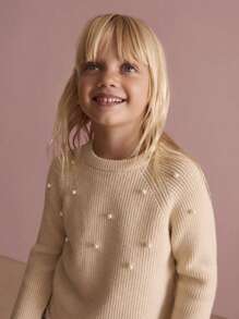 SHEIN Sweater Kasual Sehari-hari Lengan Raglan Leher Bulat dengan Hiasan Mutiara untuk Anak Perempuan, Musim Gugur/Dingin - Krem - View 3
