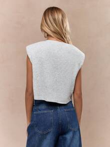 SHEINxLarissa&André MISSGUIDED Front Button Decor Shoulder Pad Loose Tank Top Button Up Topgrey Topgray Toptops For Teens>Casual