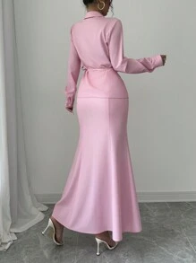 Elenzga 2 件套：女士优雅纯色收腰扭纹前衬衫和无腰带鱼尾中裙 - 粉色 - 查看 2