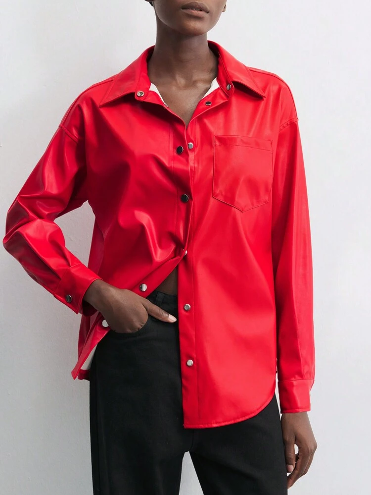 SHEIN Maija Women's Solid Color Drop Shoulder Long Sleeve PU Leather Loose Casual Blouse, Autumn