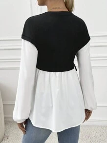 SHEIN 1 chiếc áo thun cho con bú cổ tròn tay dài màu trơn đơn giản buộc dây, dành cho bà bầu - Đen và trắng - Xem 2