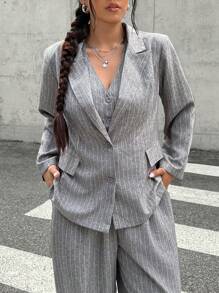 SHEIN EZwear Plus Size 3-Piece Suit Set: Retro Style Gray Blazer, Vest And Pants For Commuter Wear