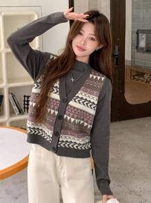 DAZY Set de 2 piezas: Cárdigan de manga larga con botones delanteros y parches de unicolor, y top de punto dulce para mujer para otoño/invierno, ropa de mujer para el otoño - Multicolor - Ver 7