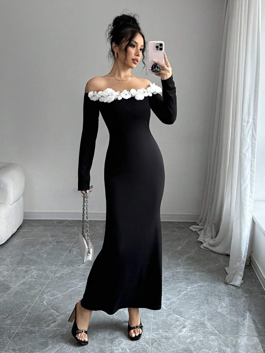 SHEIN Unity Women Elegant Off Shoulder Floral Decor Bodycon Fishtail Dress, Autumn/Winter - Black - View 1