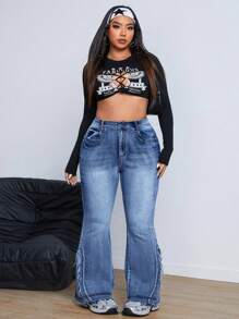 SHEIN ICON Plus Size Spring Autumn Casual Distressed Flared Hem Denim Jeans - Blue - View 3