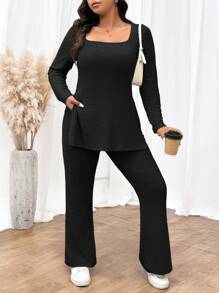 SHEIN Frenchy Plus Size Textured Stripe Open Neckline Long Sleeve T-Shirt And Straight Leg Pants Two Pieces Outfits