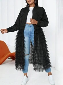 Maweii Plus Size Solid Color Mesh Contrast Long Jacket, Fashionable For Autumn - Black - View 2