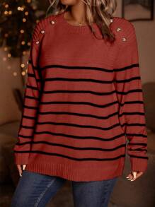 SHEIN LUNE Plus Size Crew Neck Long Sleeve Button Decor Casual Knitted Pullover Sweater Fall Winter - Red - View 3