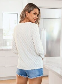 SHEIN LUNE 女士休闲格子面料白色 T 恤 - 米色 - 查看 2