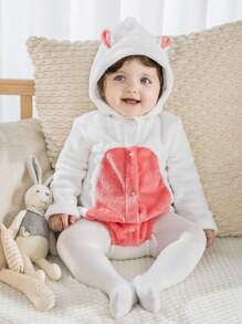 SHEIN Conjunto de bebé recién nacido de manga larga con cuello redondo, cierre delantero con botones y contraste de color en felpa para otoño/invierno - Blanco - Ver 4
