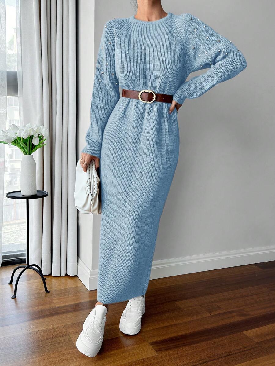 SHEIN Cottnline Round Neck Raglan Sleeve Maxi Sweater Dress With Beading - Baby Blue - View 1
