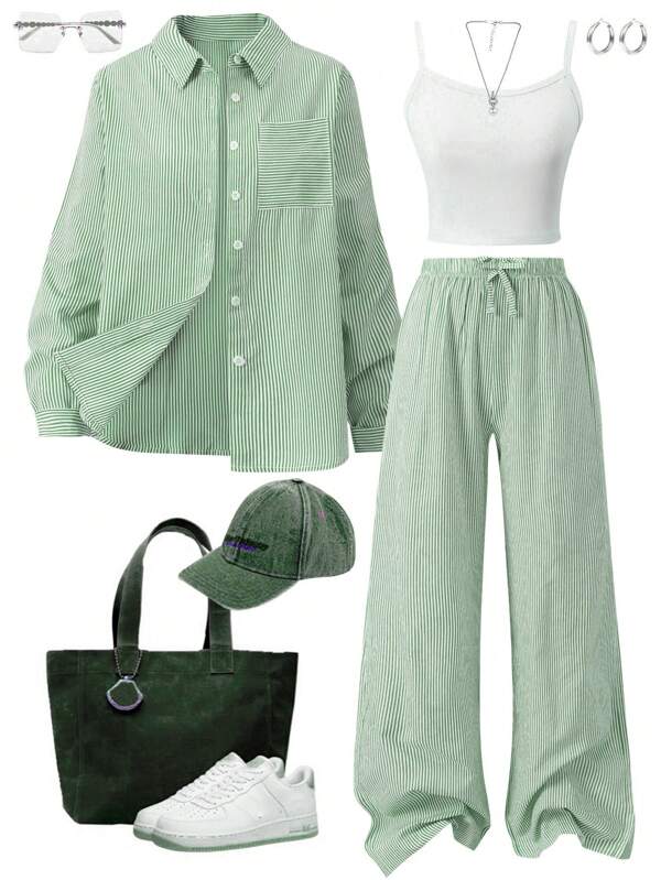 SHEIN Set informal de 2 piezas con camisa holgada a rayas y pantalón de pierna recta para adolescentes