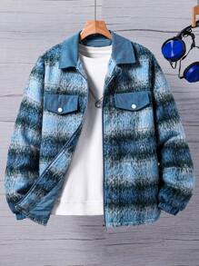 Teenagers Boys Casual Textured Ombre Floral Patch Pocket Minimalist Versatile Jacket, Suitable For Autumn/Winter Daily Wear - Multicolor - View 3