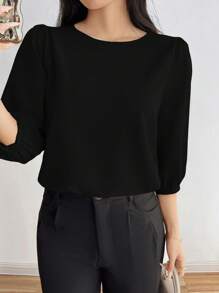 INAWLY Ladies Solid Color Round Neck 3/4 Sleeve Loose Casual Shirt, Autumn