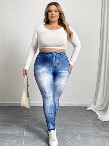 SHEIN CURVE+ Plus Size Summer Full Print Pattern Leggings - Blue and White - View 8