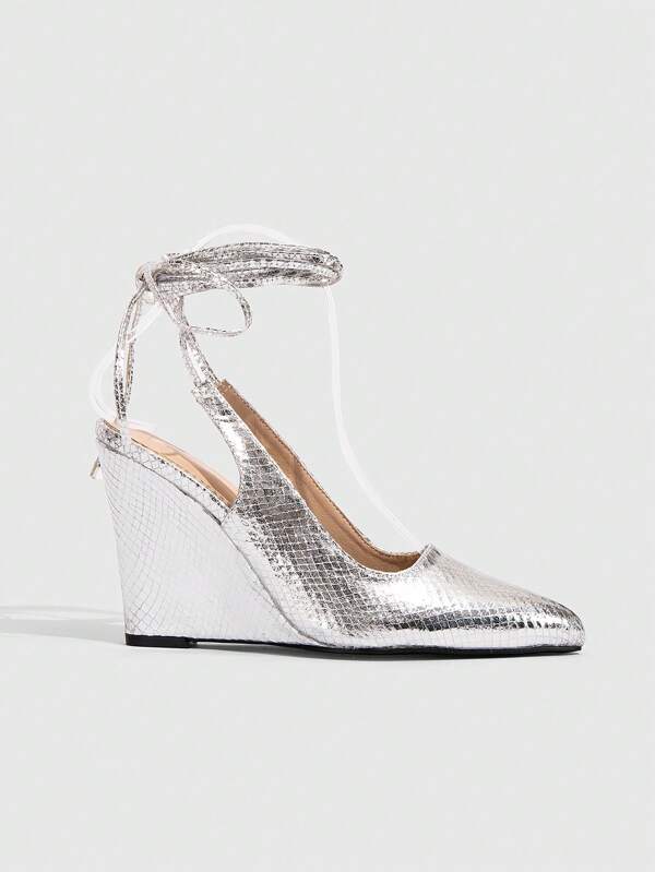 CUCCOO SZL Zapatos de vestir para mujer con puntera en punta, de serpiente, con cordones y plataforma y cuña, en color plateado, sexys para citas, salidas nocturnas, fiestas, Año Nuevo, Navidad