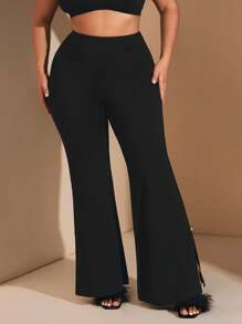 SHEIN BAE Quần ống loe xẻ tà họa tiết ngọc trai cạp cao thời trang thu đông màu đen thanh lịch, thường ngày đi làm cho phụ nữ lớn - màu đen - Xem 7