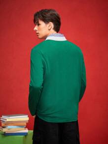 HARRY POTTER X SHEIN 男士休闲修身针织印花拼色半襟长袖 Polo 衫 - 綠色 - 查看 2