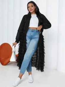 Maweii Plus Size Solid Color Mesh Contrast Long Jacket, Fashionable For Autumn - Black - View 1