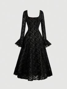 SHEIN Serisse Kids Váy ren đen dài tay cho bé gái tuổi teen, phù hợp cho những dịp trang trọng như dạ hội, tiệc tùng, ngày lễ và tiệc trà - màu đen - Xem 4