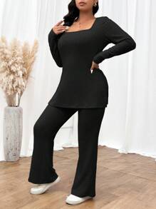 SHEIN Frenchy Plus Size Textured Stripe Open Neckline Long Sleeve T-Shirt And Straight Leg Pants Two Pieces Outfits