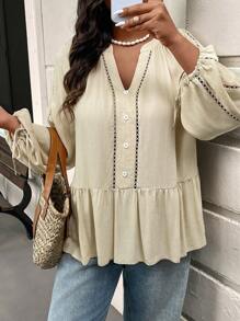 SHEIN Frenchy Plus Size Casual Ruffled Patchwork Smock A-Line Shirt - Apricot - View 3