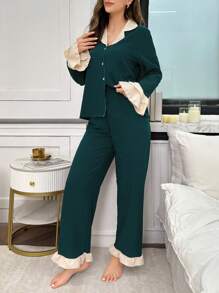SHEIN Conjunto de pijama de mujer de bloques de color con cuello con volantes y botones - Verde Oscuro - Ver 3