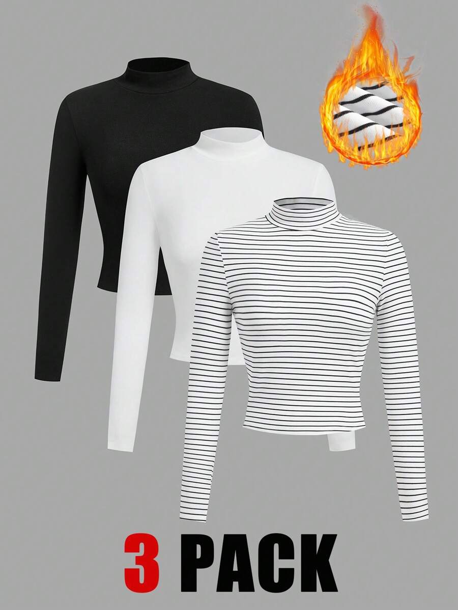 SHEIN EZwear 大码休闲简约立领长袖 T 恤,秋冬 - 黑與白 - 查看 1