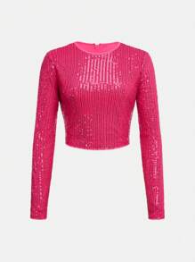 SHEIN 2pcs/Set Teen Girl's Fuchsia Sequin Decorated Elegant Party Crop Top And Mini Skirt Outfit - Hot Pink - View 3